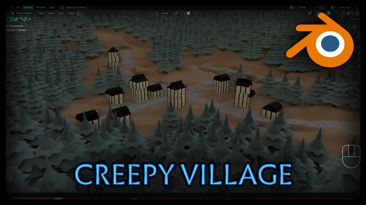 Creepy Village, a misty level of crooked houses built with Blender geometry nodes